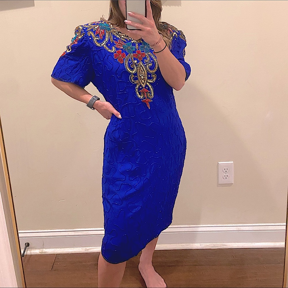 Vintage 1980s Denise Elle Silk Beaded Dress XL
